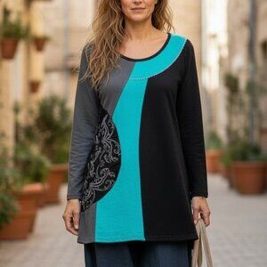 Embroidered Color Block Tunic Top Large Boho Lagenlook Artsy Eclectic Colorblock